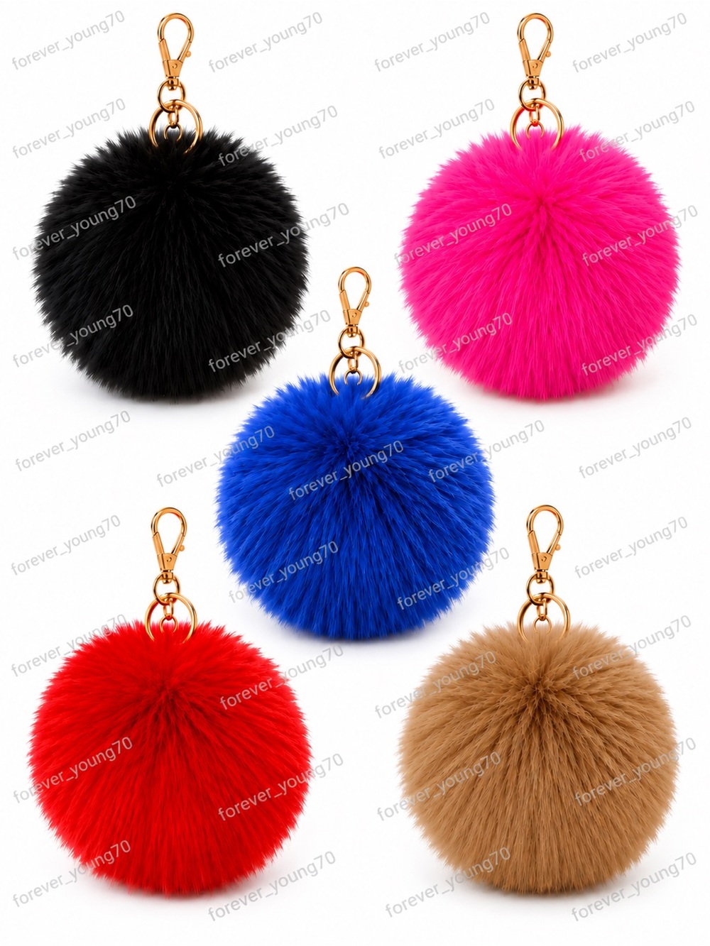 Faux Fur Pom Keychain - Black, Hot Pink, Royal Blue, Red, Tan